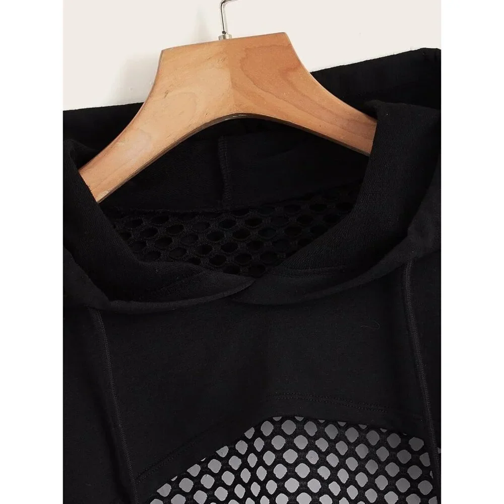 Women's Cropped Hoodie Polyester Drop Shoulder Hollow Out Pullover
